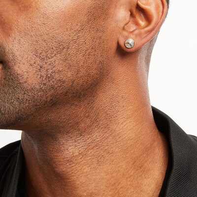 0.15 Carat Round Diamond Men's Stud Earrings - 18K Yellow Gold Plated Sterling Silver, Hip Hop Style Blue Sapphire Accent