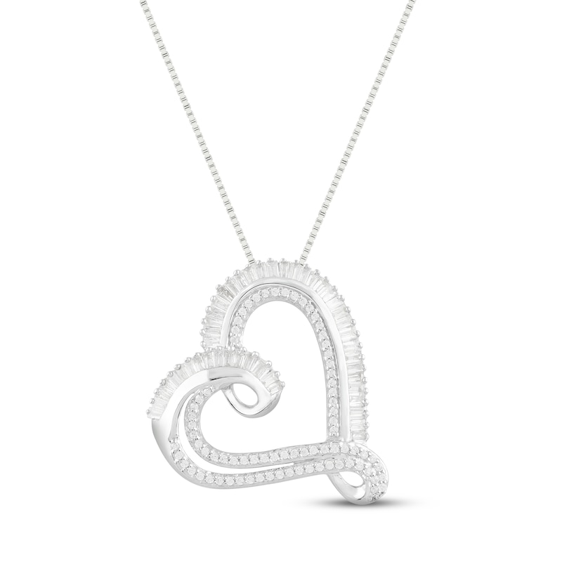 Main Image 1 of Diamond Heart Necklace 1/2 ct tw Round & Baguette-cut 10K White Gold 18"
