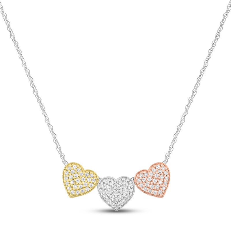 Main Image 1 of Diamond Three-Heart Necklace 1/4 ct tw Round-cut 10K Tri-Tone Gold 18"