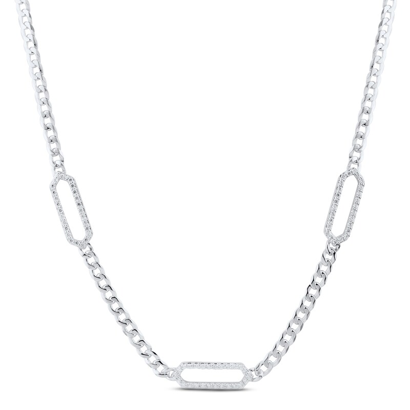 Diamond Hexagon Curb Chain Necklace 1/2 ct tw Roundcut Sterling Silver