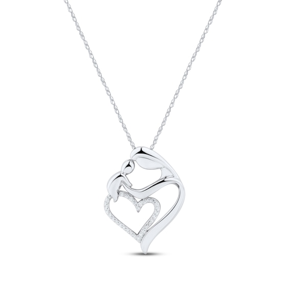 Mother & Child Diamond Heart Necklace 1/10 ct tw Round-cut Sterling Silver 18"
