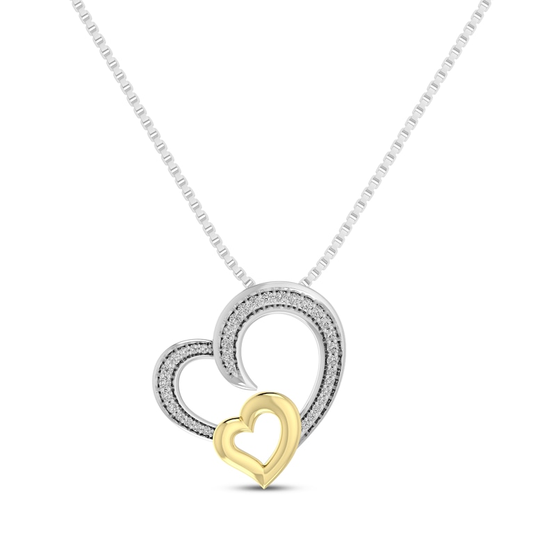 Diamond Double Heart Necklace 1/8 ct tw Round-cut Sterling Silver & 10K Yellow Gold 18"