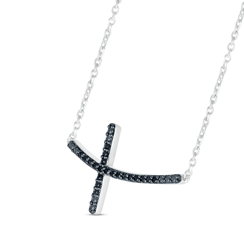 Main Image 2 of Black Diamond Sideways Cross Necklace 1/10 ct tw Round-cut Sterling Silver 18"