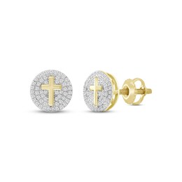 Men's Diamond Cross Circle Stud Earrings 1/4 ct tw Round-cut 10K Yellow Gold