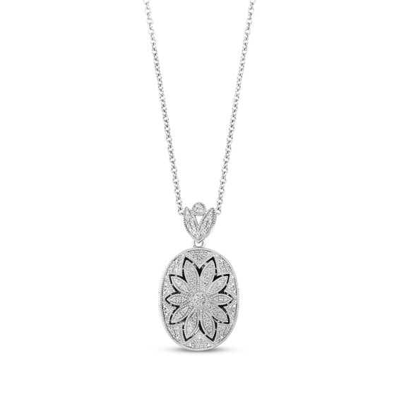 Diamond Flower Locket Necklace 1/4 ct tw Round-cut Sterling Silver