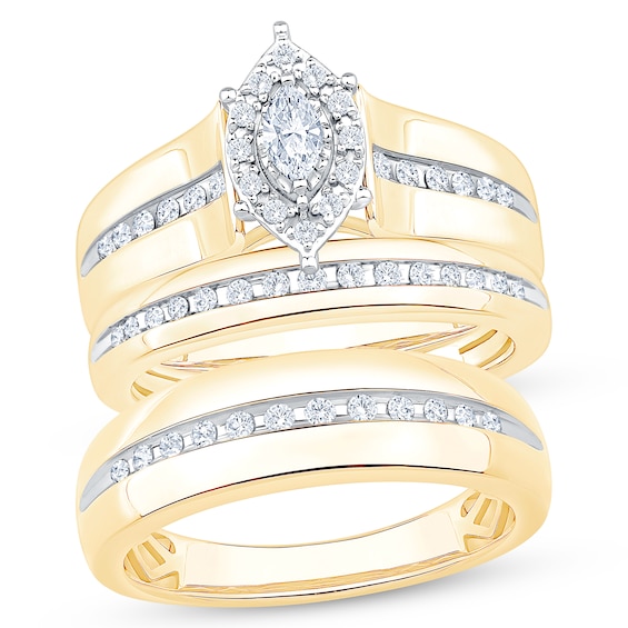 Adore His & Hers Marquise-Cut Diamond Three-Piece Bridal Set 1/4 ct tw 10K Yellow Gold
