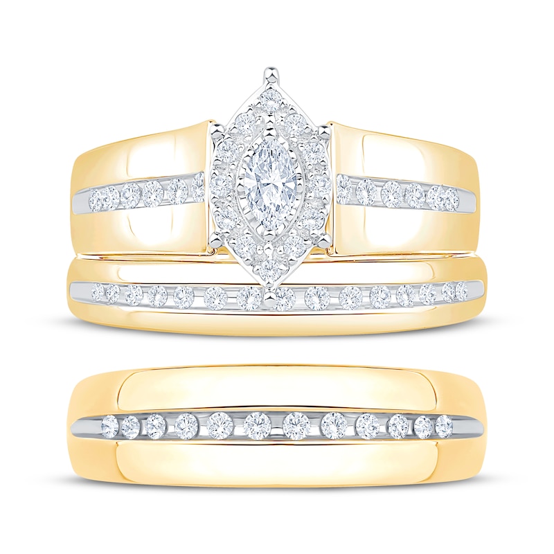 Main Image 3 of Adore His & Hers Marquise-Cut Diamond Three-Piece Bridal Set 1/4 ct tw 10K Yellow Gold