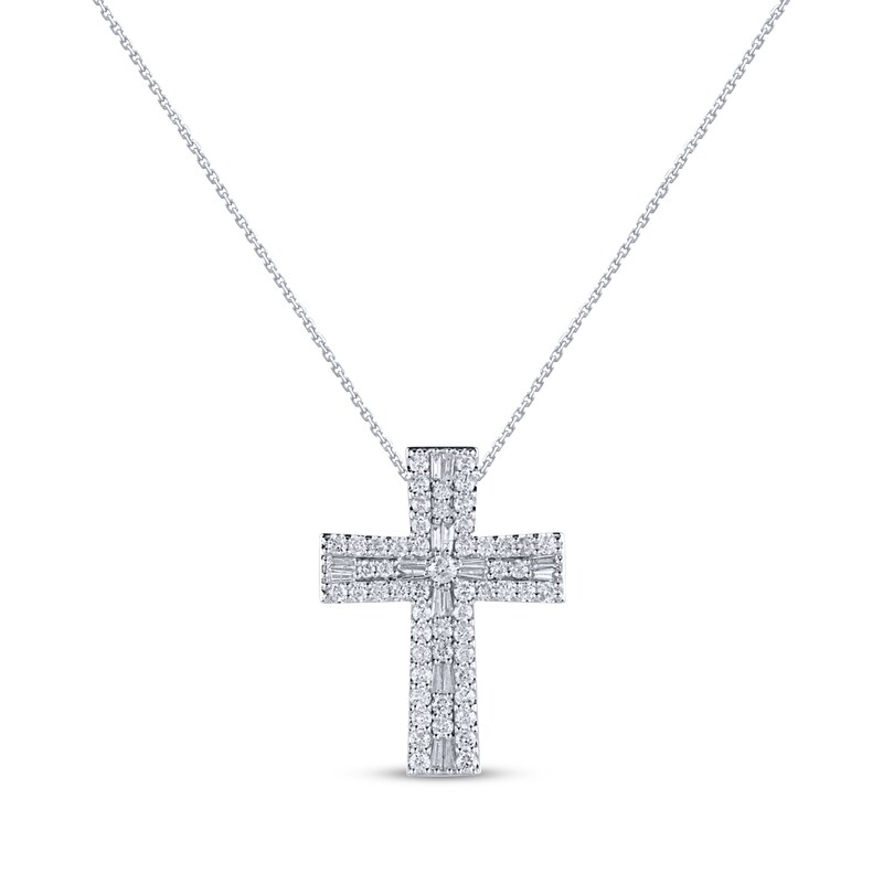 Baguette & Round-Cut Diamond Cross Necklace 3 ct tw 14K White Gold 18"