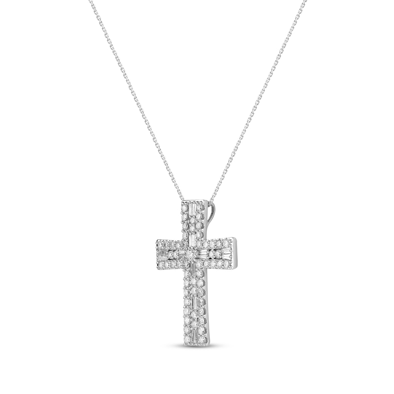 Baguette & Round-Cut Diamond Cross Necklace 3 ct tw 14K White Gold 18"