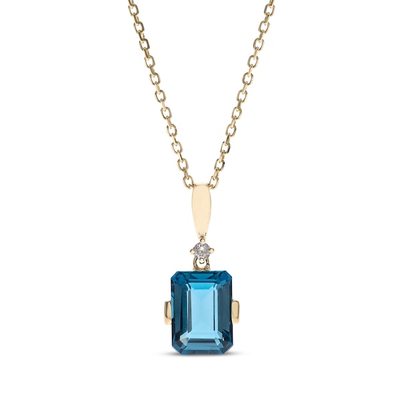 Emerald-Cut London Blue Topaz & Diamond Necklace 10K Yellow Gold 18”