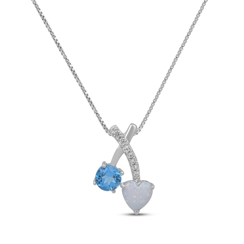 Main Image 1 of Heart-Shaped Lab-Created Opal, Round-Cut Swiss Blue Topaz & White Lab-Created Sapphire Necklace Sterling Silver 18"