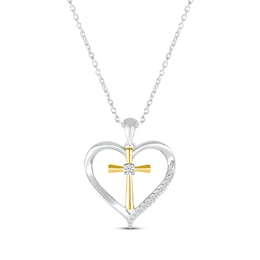 Diamond Heart Cross Necklace 1/8 ct tw Sterling Silver & 10K Yellow Gold 18&quot;