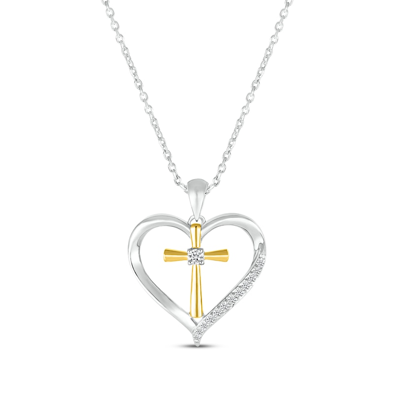 Diamond Heart Cross Necklace 1/8 ct tw Sterling Silver & 10K Yellow Gold 18"