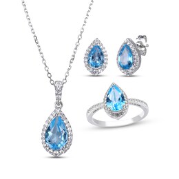 Pear-Shaped Swiss Blue Topaz & Round-Cut White Lab-Created Sapphire Stud Earrings, Necklace & Ring Gift Set Sterling Silver 18&quot;