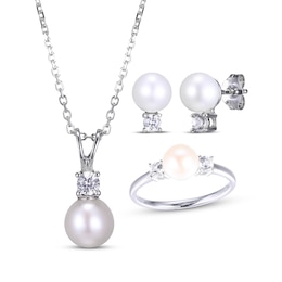 Cultured Pearl & Round-Cut White Lab-Created Sapphire Stud Earrings, Necklace & Ring Gift Set Sterling Silver - Size 7