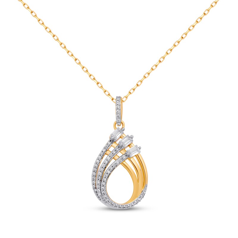 Baguette & Round-Cut Diamond Teardrop Necklace 1/3 ct tw 10K Yellow Gold 18”