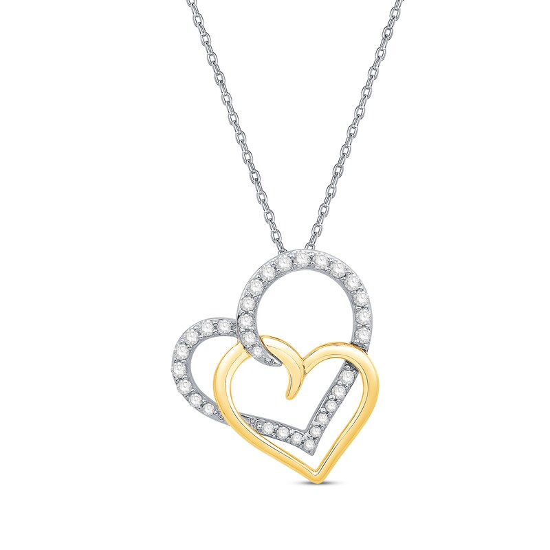 Main Image 1 of Round-Cut Diamond Double Heart Necklace 1/3 ct tw 10K Two-Tone Gold 19”