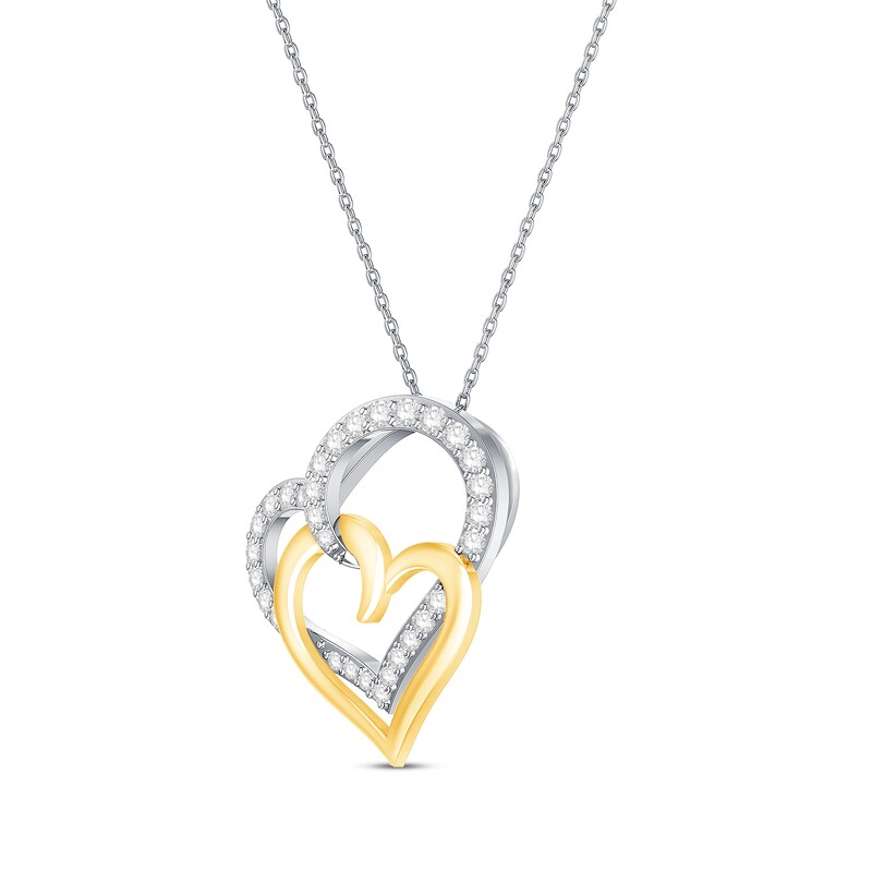 Main Image 2 of Round-Cut Diamond Double Heart Necklace 1/3 ct tw 10K Two-Tone Gold 19”