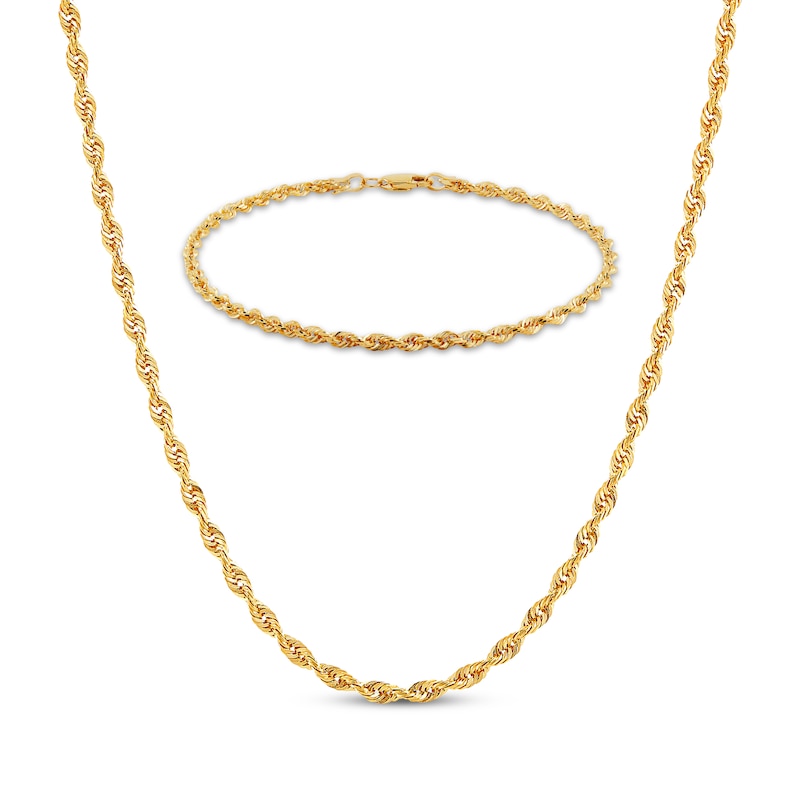 Semi-Solid Glitter Rope Chain Necklace & Bracelet Set 2.4mm 14K Yellow Gold