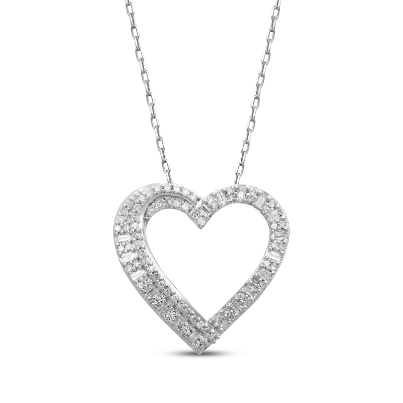 Main Image 1 of Baguette & Round-Cut Diamond Heart Necklace 1/4 ct tw 10K White Gold 18"