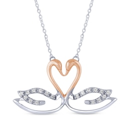 Diamond Swans Heart Necklace 1/15 ct tw Sterling Silver & 10K Rose Gold 18&quot;