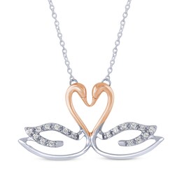 Diamond Swans Heart Necklace 1/15 ct tw Sterling Silver & 10K Rose Gold 18"