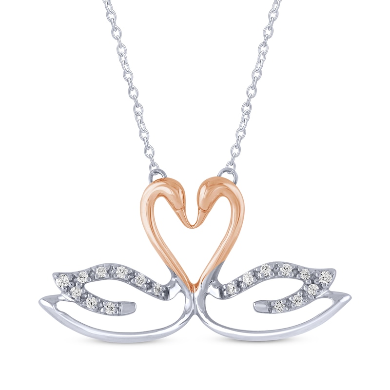 Main Image 1 of Diamond Swans Heart Necklace 1/15 ct tw Sterling Silver & 10K Rose Gold 18"