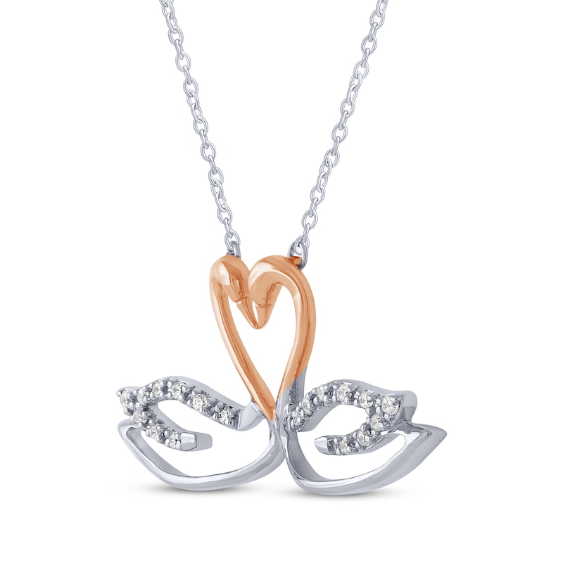 Main Image 2 of Diamond Swans Heart Necklace 1/15 ct tw Sterling Silver & 10K Rose Gold 18"
