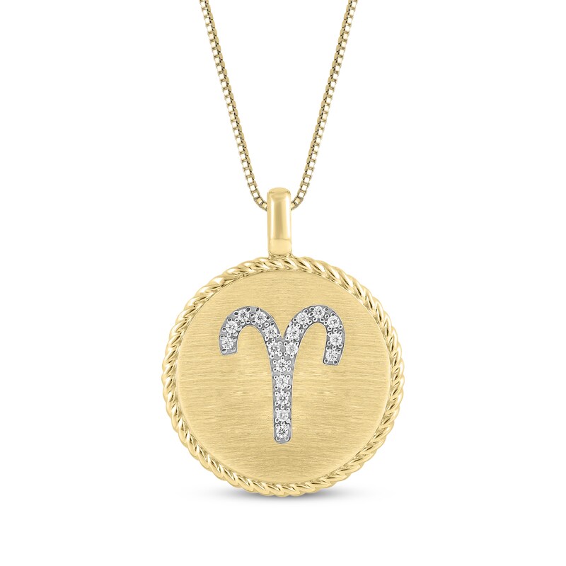 Main Image 1 of Diamond Zodiac Aries Symbol Brushed Disc Necklace 1/10 ct tw 10K Yellow Gold 18"