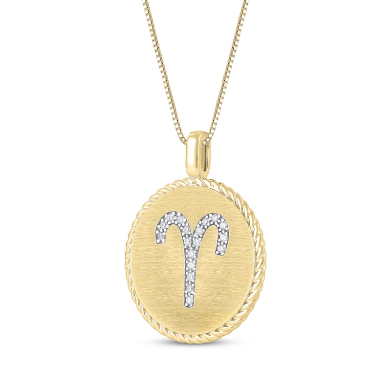 Main Image 2 of Diamond Zodiac Aries Symbol Brushed Disc Necklace 1/10 ct tw 10K Yellow Gold 18"