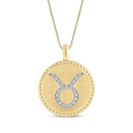 Diamond Zodiac Taurus Symbol Brushed Disc Necklace 1/10 ct tw 10K Yellow Gold 18"