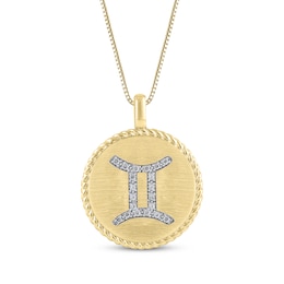 Diamond Zodiac Gemini Symbol Brushed Disc Necklace 1/10 ct tw 10K Yellow Gold 18&quot;