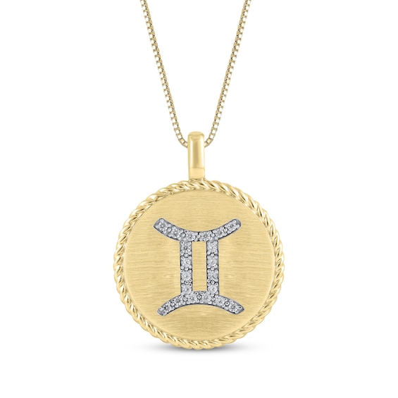 Diamond Zodiac Gemini Symbol Brushed Disc Necklace 1/10 ct tw 10K Yellow Gold 18"