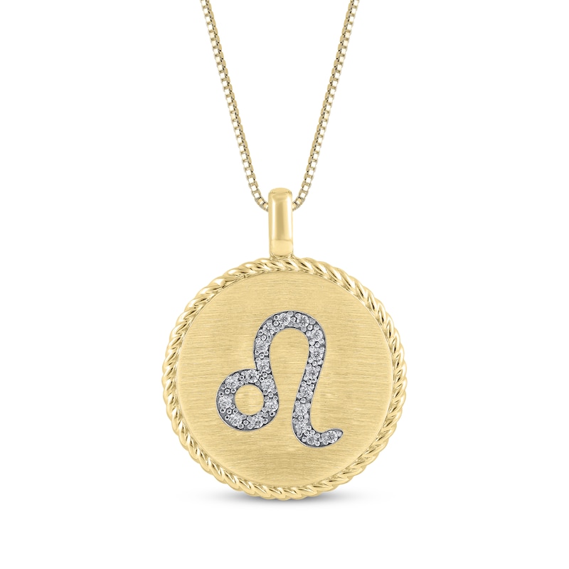 Main Image 1 of Diamond Zodiac Leo Symbol Brushed Disc Necklace 1/10 ct tw 10K Yellow Gold 18"