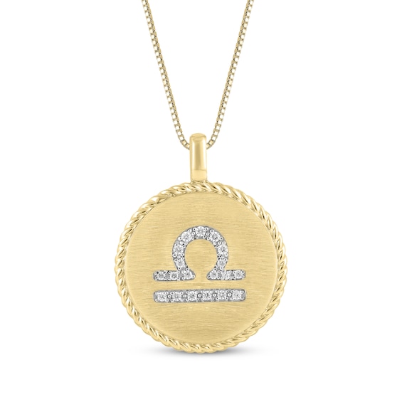 Diamond Zodiac Libra Symbol Brushed Disc Necklace 1/10 ct tw 10K Yellow Gold 18"