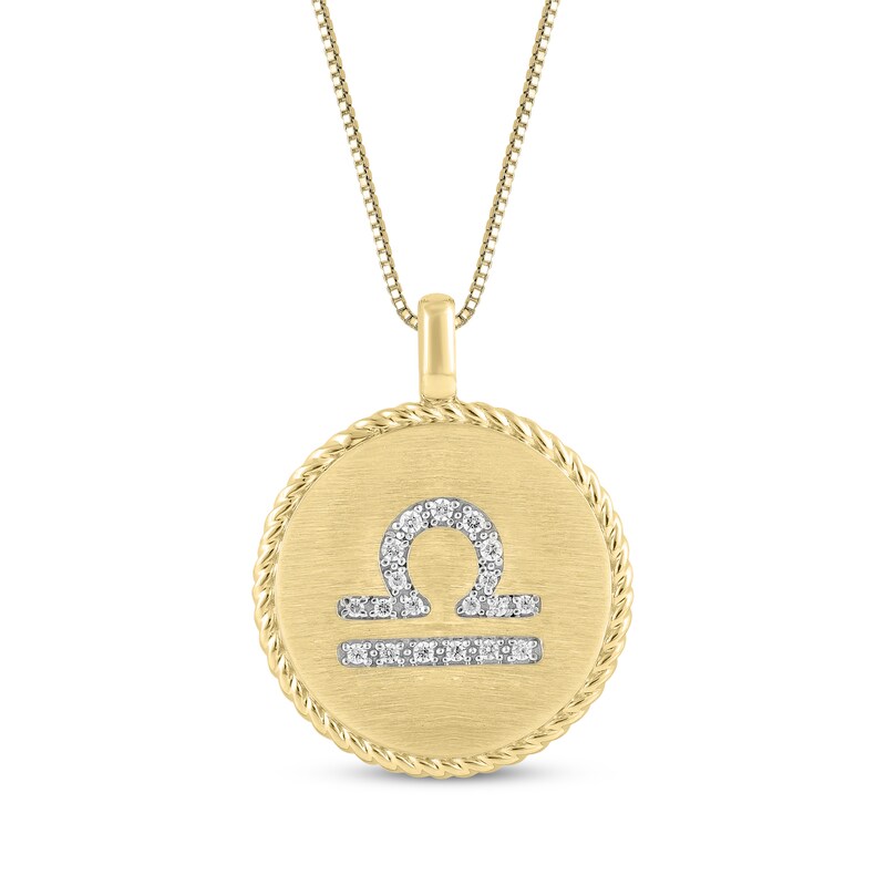 Main Image 1 of Diamond Zodiac Libra Symbol Brushed Disc Necklace 1/10 ct tw 10K Yellow Gold 18"