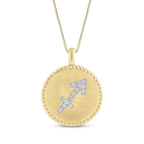 Diamond Zodiac Sagittarius Symbol Brushed Disc Necklace 1/10 ct tw 10K Yellow Gold 18"