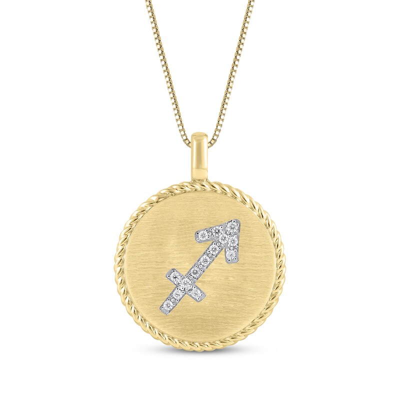 Main Image 1 of Diamond Zodiac Sagittarius Symbol Brushed Disc Necklace 1/10 ct tw 10K Yellow Gold 18"