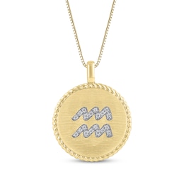 Diamond Zodiac Aquarius Symbol Brushed Disc Necklace 1/10 ct tw 10K Yellow Gold 18&quot;