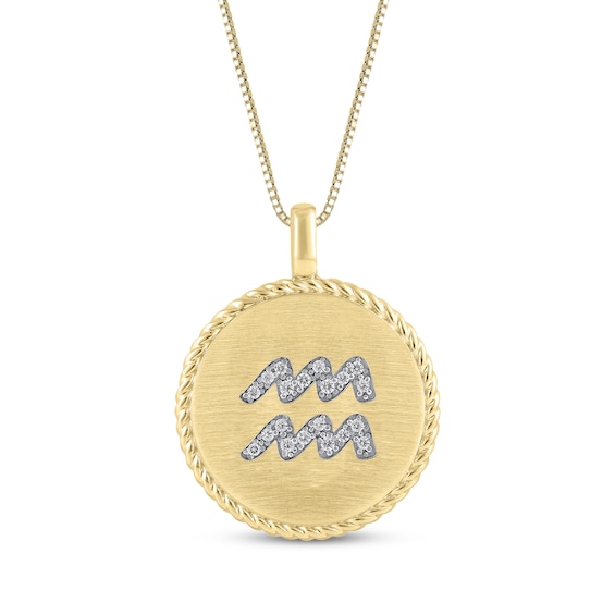 Diamond Zodiac Aquarius Symbol Brushed Disc Necklace 1/10 ct tw 10K Yellow Gold 18"