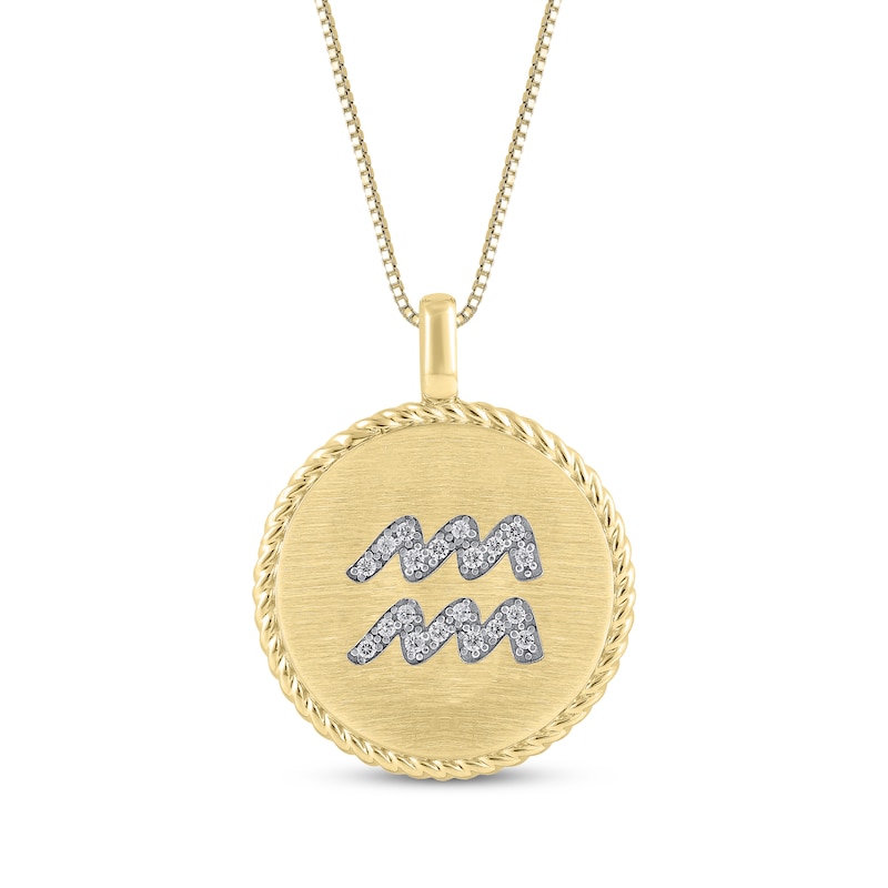 Main Image 1 of Diamond Zodiac Aquarius Symbol Brushed Disc Necklace 1/10 ct tw 10K Yellow Gold 18"