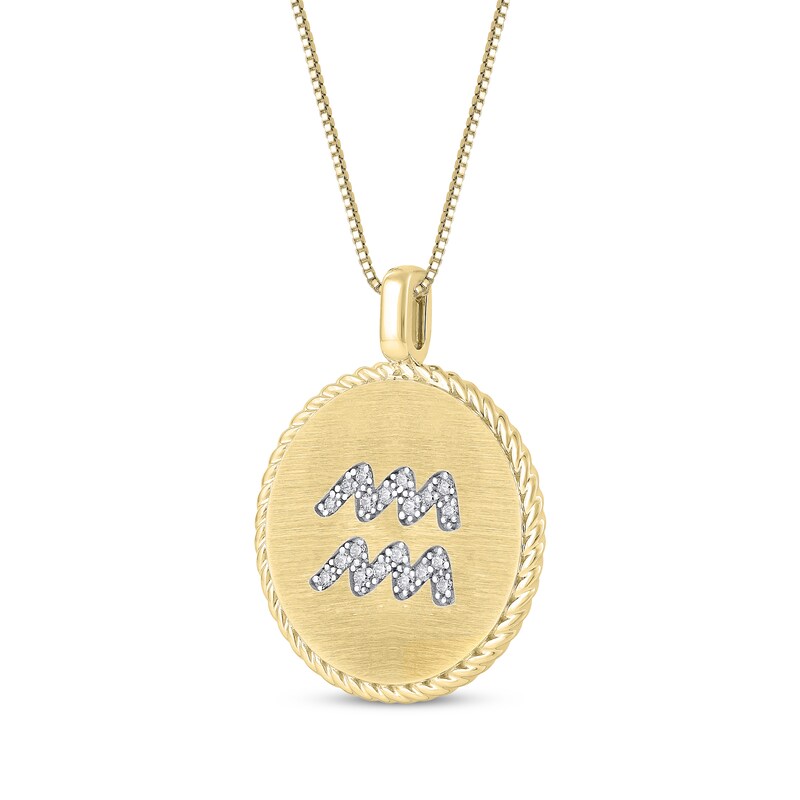 Main Image 2 of Diamond Zodiac Aquarius Symbol Brushed Disc Necklace 1/10 ct tw 10K Yellow Gold 18"