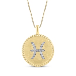 Diamond Zodiac Pisces Symbol Brushed Disc Necklace 1/10 ct tw 10K Yellow Gold 18&quot;