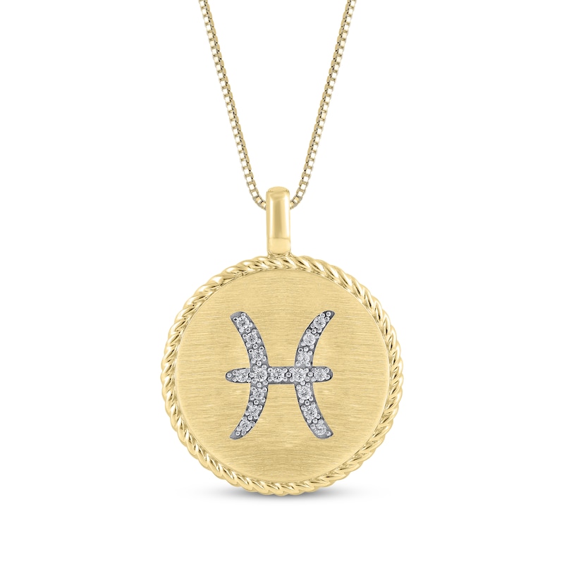 Main Image 1 of Diamond Zodiac Pisces Symbol Brushed Disc Necklace 1/10 ct tw 10K Yellow Gold 18"