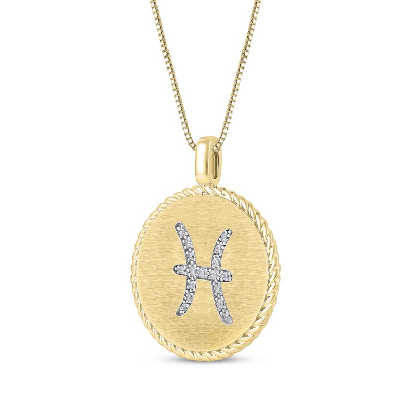 Main Image 2 of Diamond Zodiac Pisces Symbol Brushed Disc Necklace 1/10 ct tw 10K Yellow Gold 18"