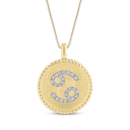 Diamond Zodiac Cancer Symbol Brushed Disc Necklace 1/10 ct tw 10K Yellow Gold 18&quot;