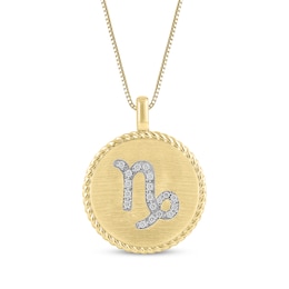 Diamond Zodiac Capricorn Symbol Brushed Disc Necklace 1/10 ct tw 10K Yellow Gold 18&quot;