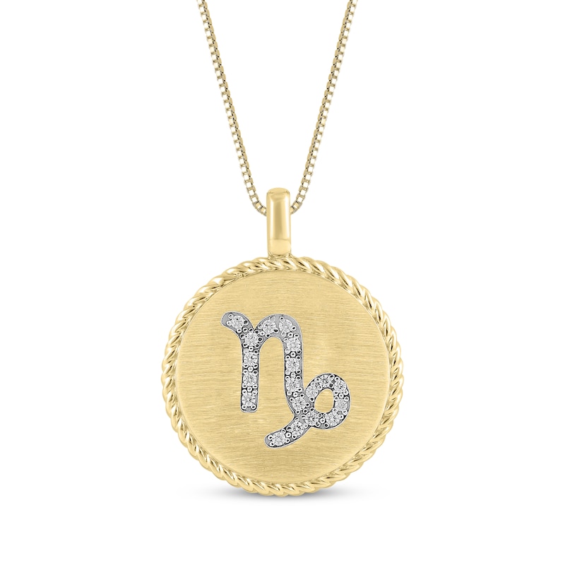 Main Image 1 of Diamond Zodiac Capricorn Symbol Brushed Disc Necklace 1/10 ct tw 10K Yellow Gold 18"
