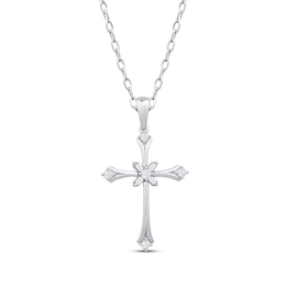 Baguette & Round-Cut Diamond Flared Cross Necklace 1/5 ct tw 10K White Gold 18&quot;