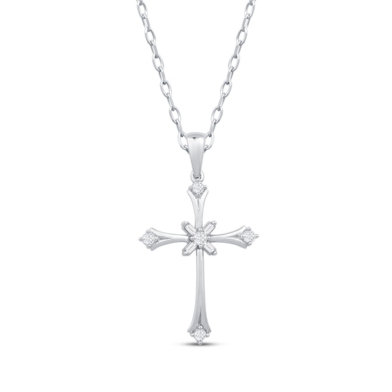 Baguette & Round-Cut Diamond Flared Cross Necklace 1/5 ct tw 10K White Gold 18"
